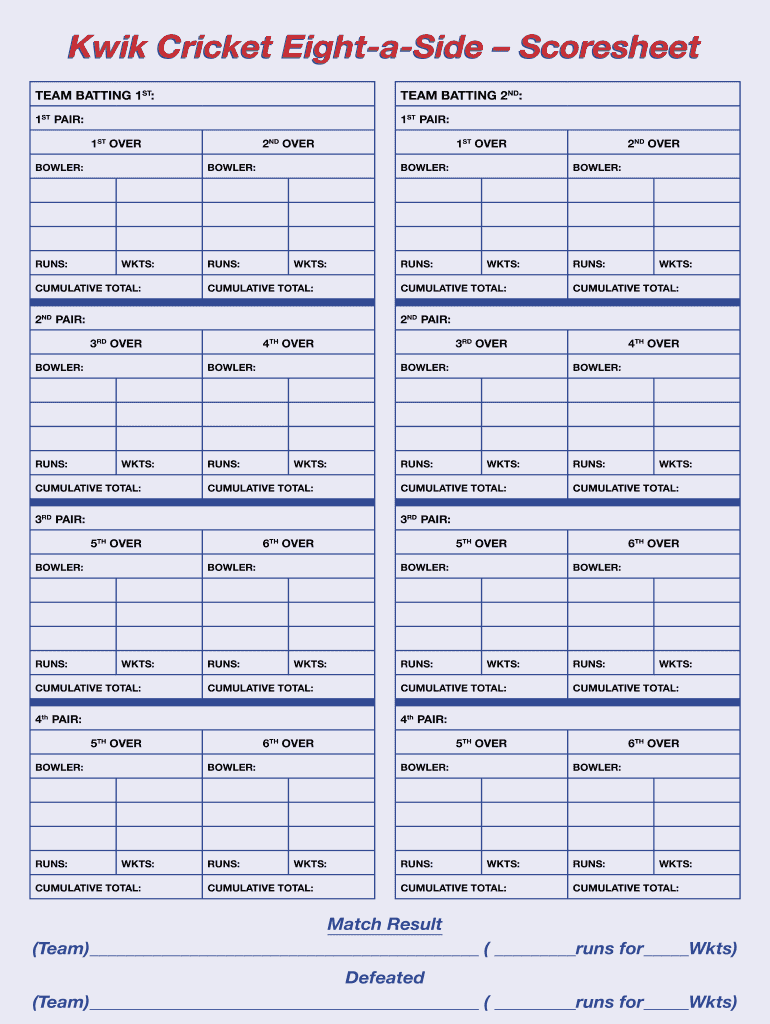 Kwik Cricket 8 a Side Score Sheet  Form