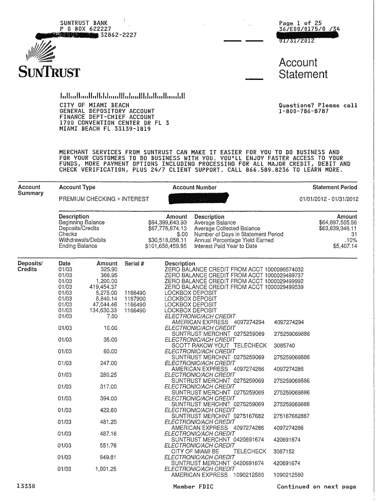 Suntrust Bank Statement  Form