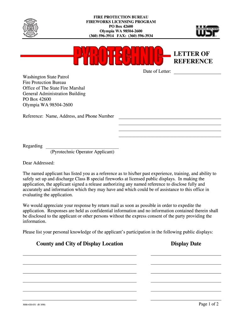 Pyrotechnic Letter of Reference the Washington State Patrol Wsp Wa  Form