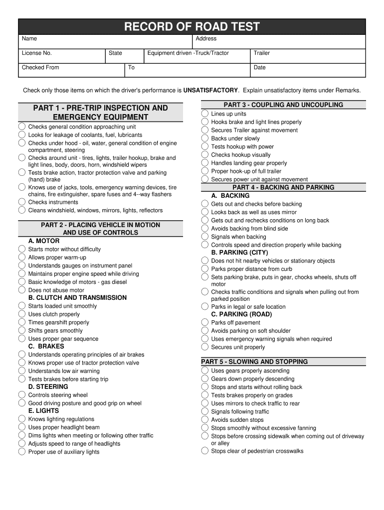 Record of Road Test Form