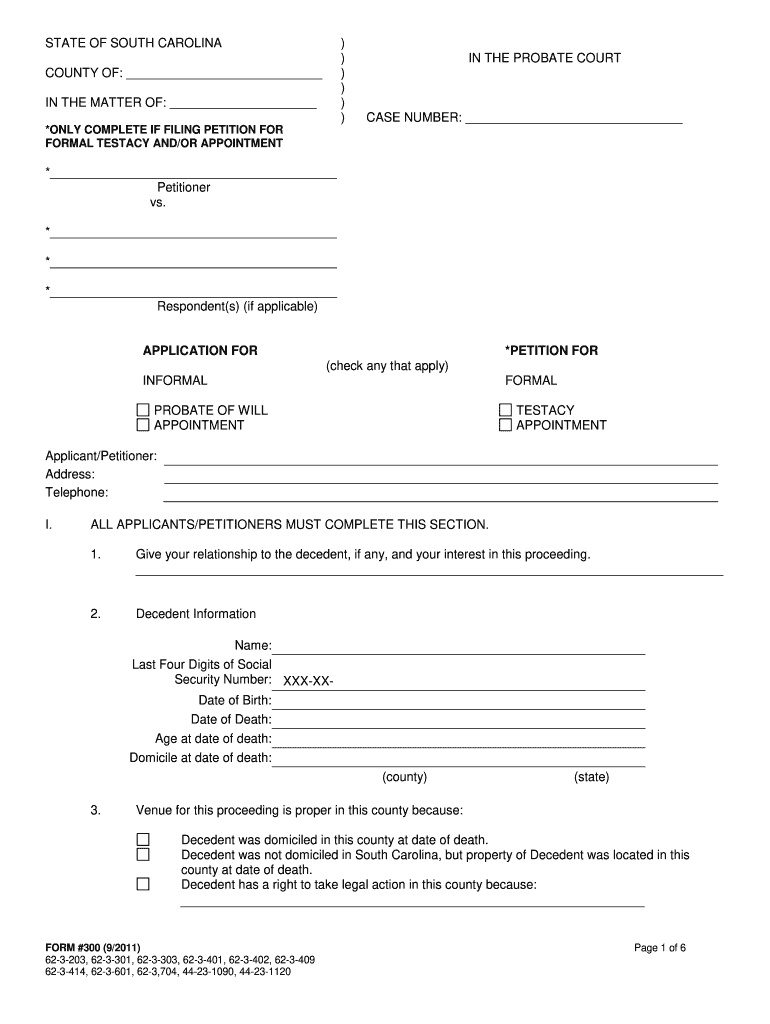  Form 300pc Sc Probate Court 2011-2024