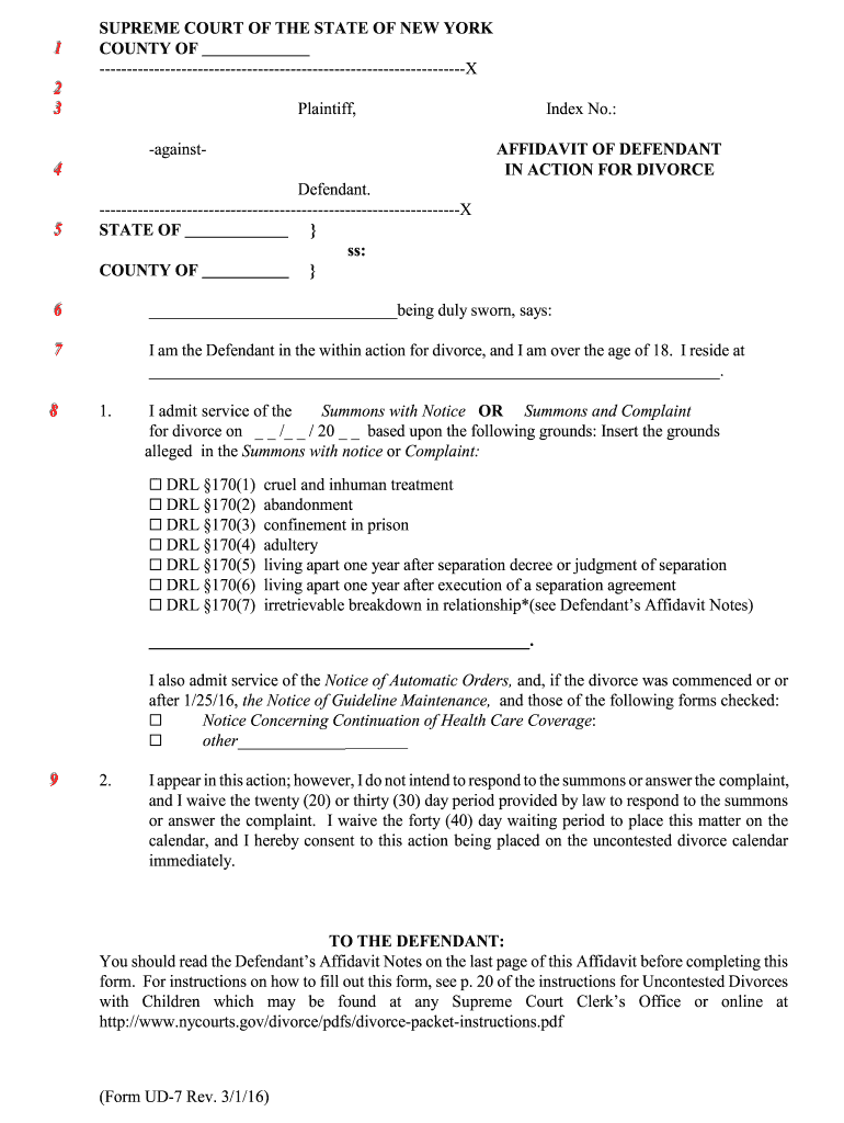  Affidavit of Defendant in Action for Divorce Form 2013