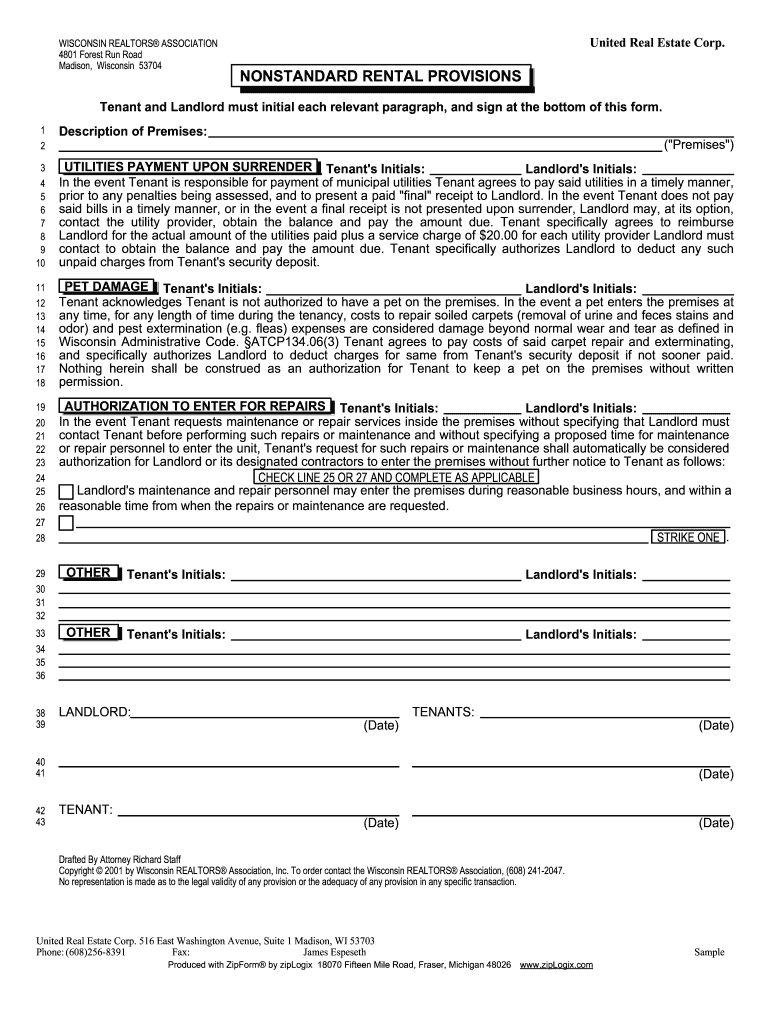 Non Standard Rental Provisions  Form