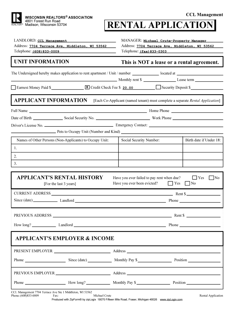 Printable Wisconsin Rental Application Template  Form