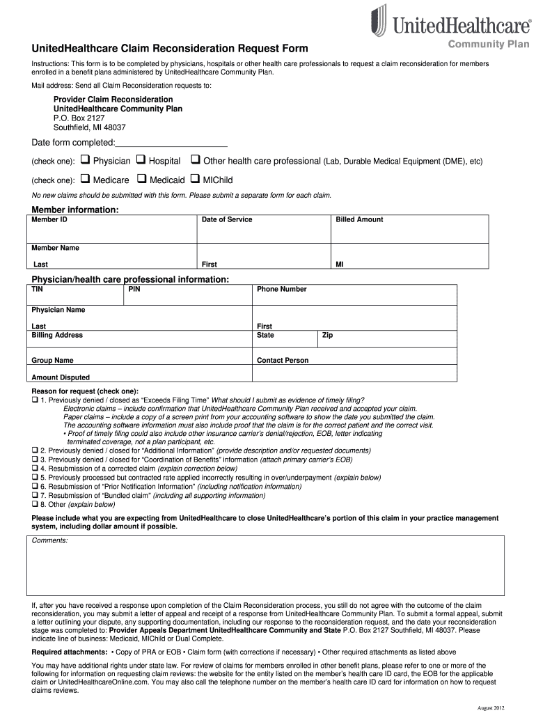  Unitedhealthcare Claim Reconsideration Form 2012-2024