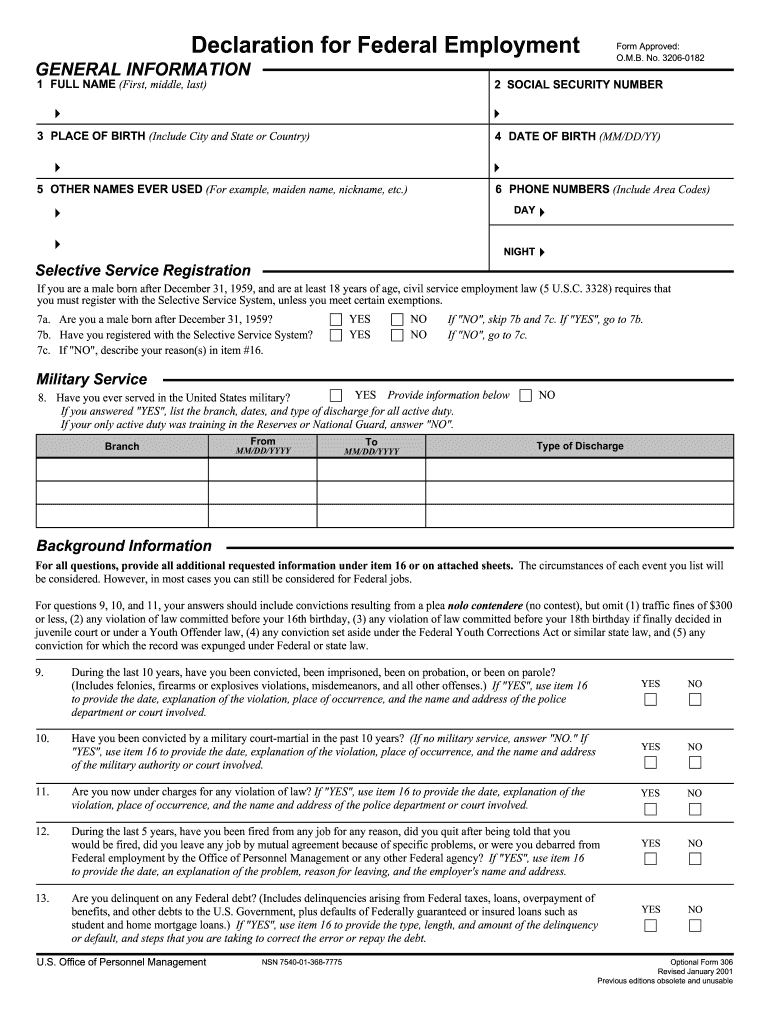  Declaration for Federal Employment Omb 3206 0182 Fillable Form 2011