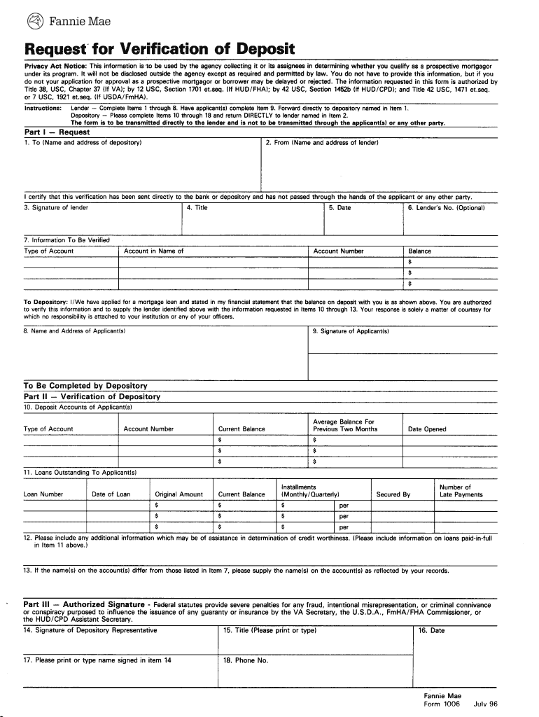 Verification of Deposit Form