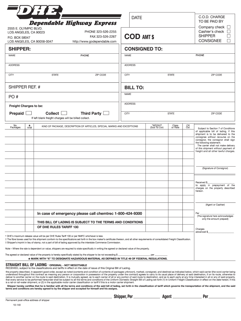 Dhe Bill of Lading  Form