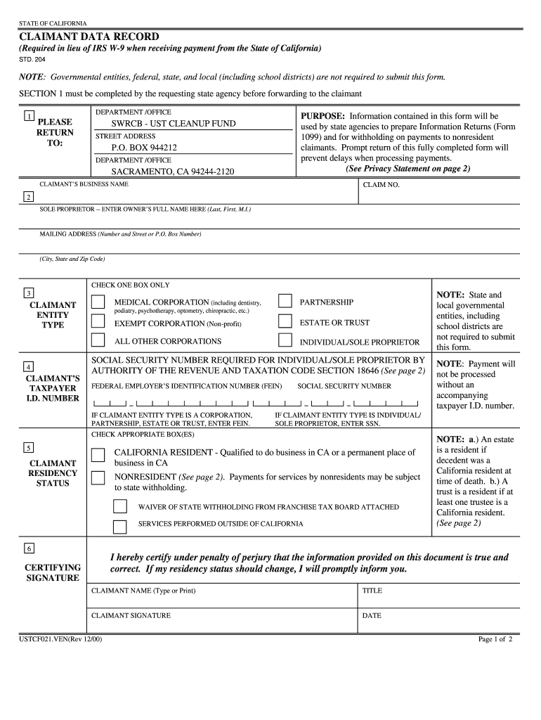 Claimant Data Recordstd204 Form