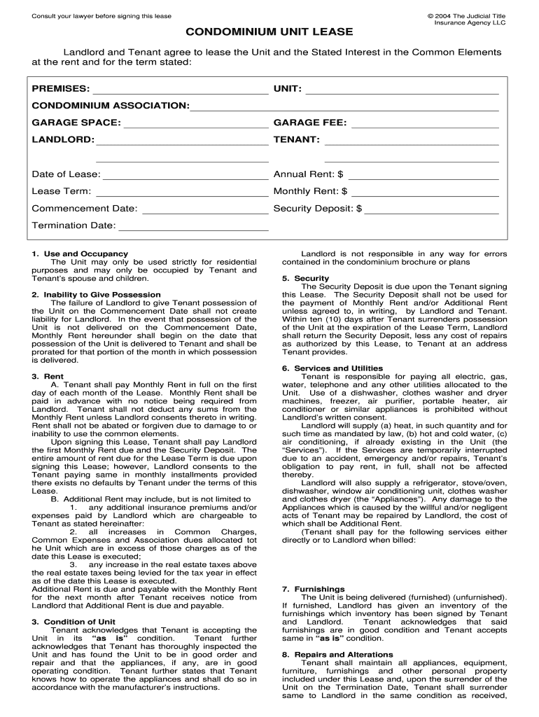 Condominium Unit Lease  Form