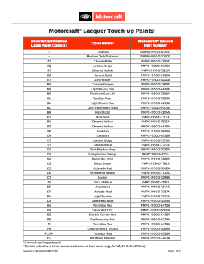 Motorcraft Touch Up Paint Chart  Form