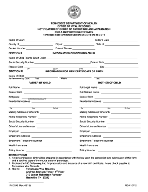  Tennessee Department of Vital Records Form Ph 3343 2015-2024