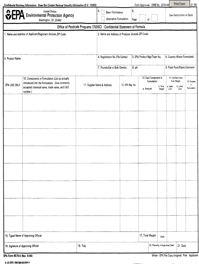 EPA Form 8070 4 Pesticide Registration Forms Epa