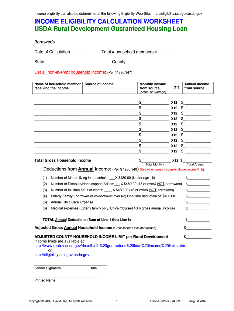 Usda Income Calculation Worksheet  Form