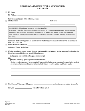 POWER of ATTORNEY over a MINOR Ponderosa Pediatrics  Form