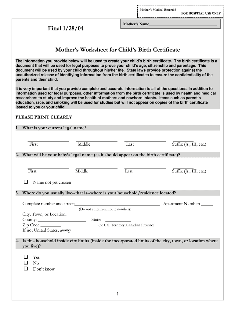 Get and Sign Mother's Worksheet for Child's Birth Certificate 2004-2022 Form