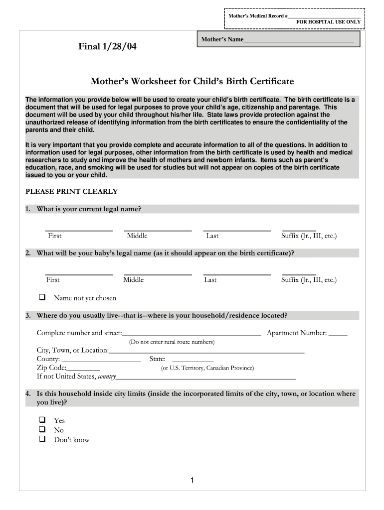  Mother's Worksheet for Child's Birth Certificate 2004