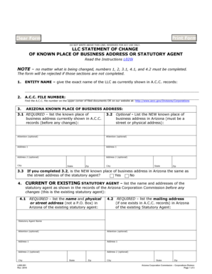 LLC Statement of Change of Known Place of Arizona Corporation Azcc  Form