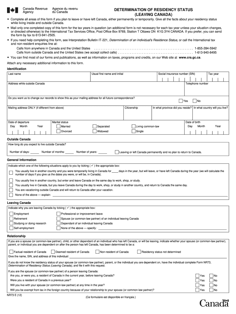  Form 73 for Revenue Canada 2012