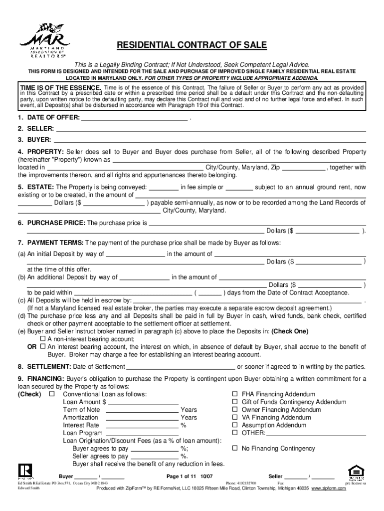 Maryland Real Estate Contract Addendum  Form