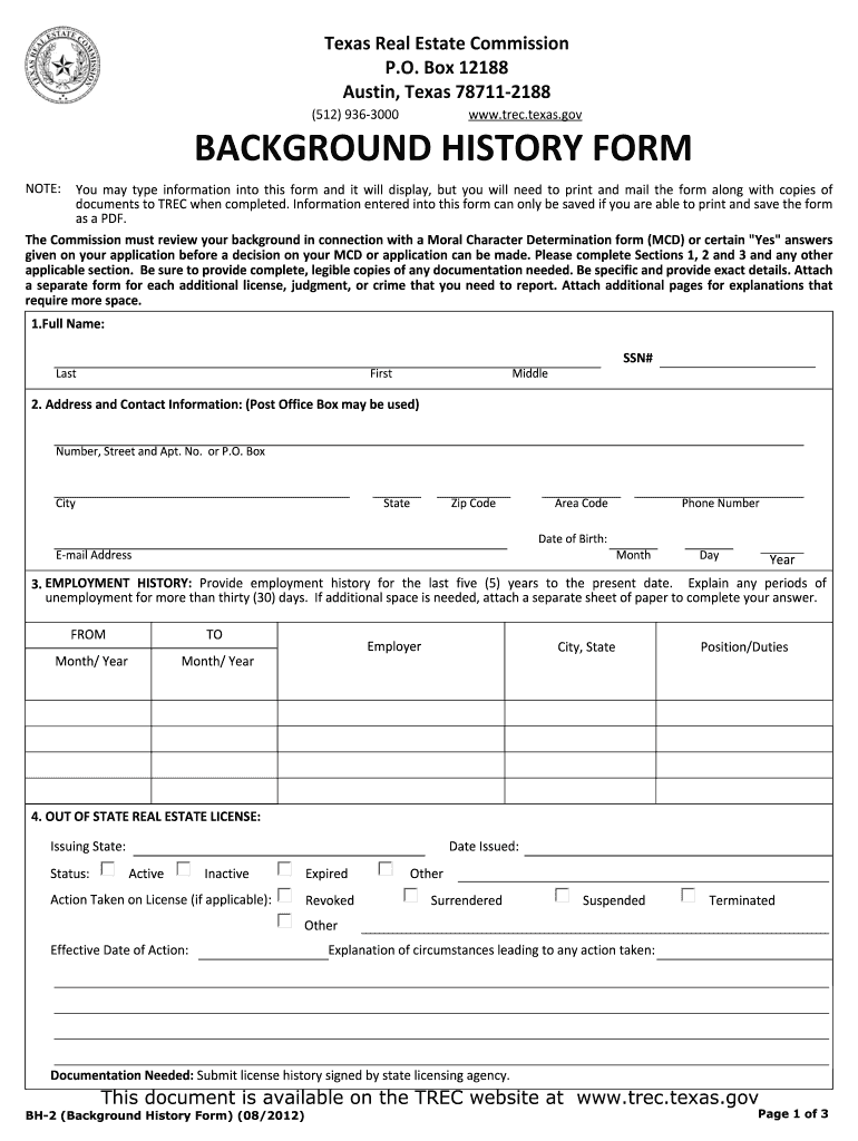  Texas Real Estate Background History Form 2016