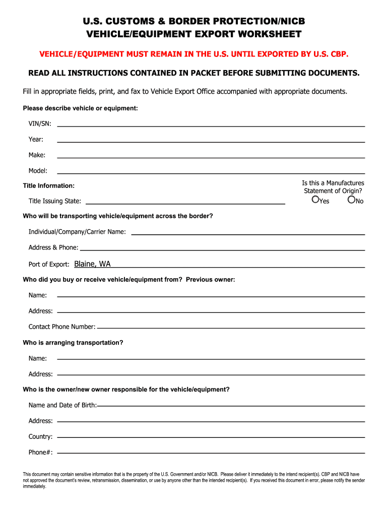 U S Customs Vehicle Export Worksheet  Form