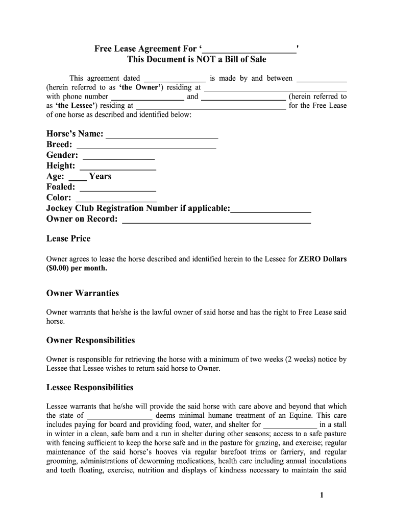 Horse Lease Agreement Word Document  Form