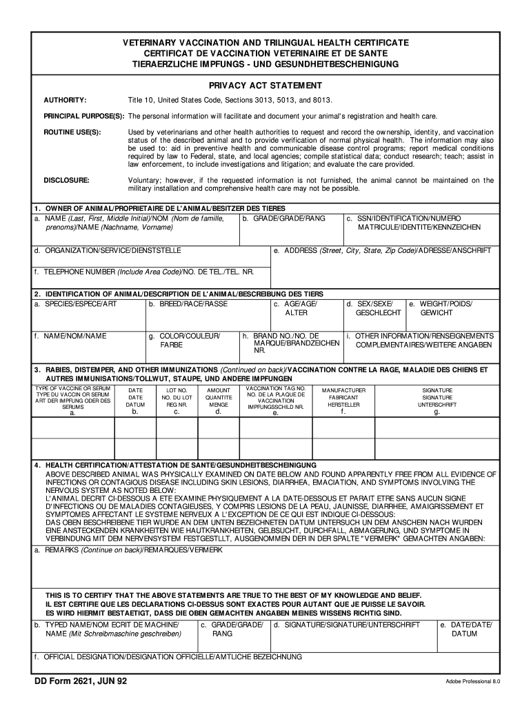 DD Form 2621, Veterinary Vaccination and Trilingual Health    Dtic