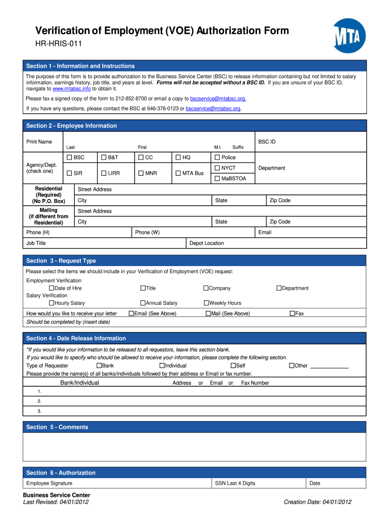  Voe Authorization Form 2012-2024