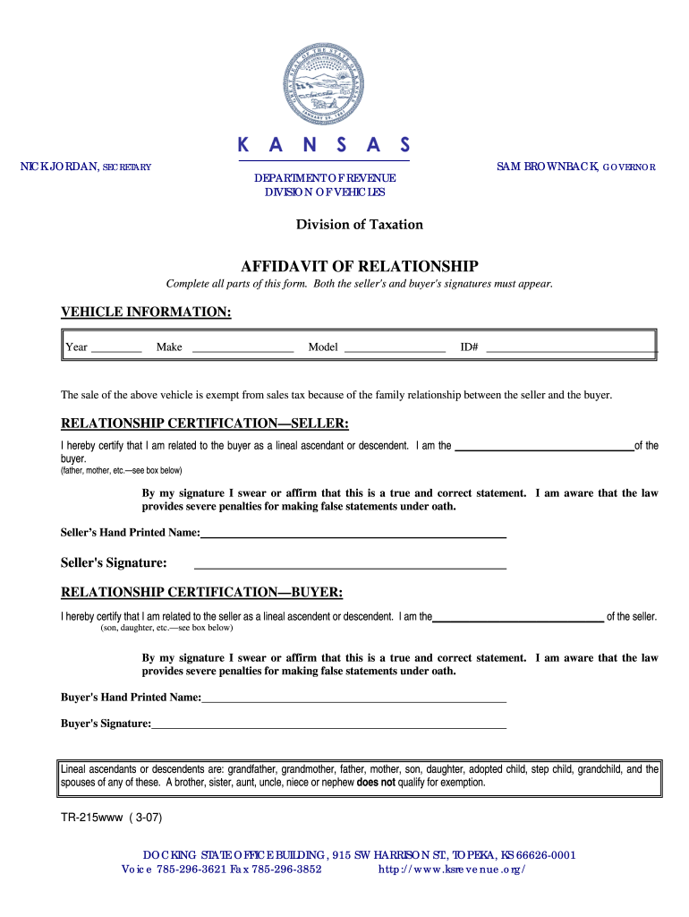  Affidavit of Relationship Kansas 2007