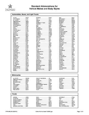 Motor Vehicle Body Style Abbreviation List  Form