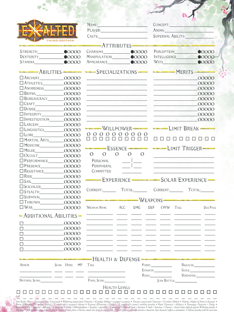 Exalted 3rd Edition Character Sheet  Form