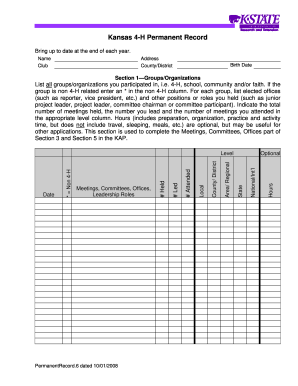 Kansas 4 H Permanent Record  Form