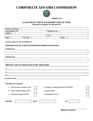Availability Check and Reservation of Name  Form