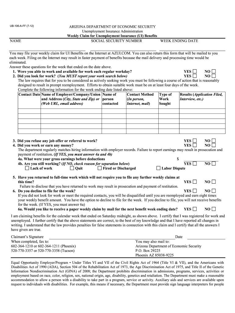  Unemployment Form Ub106 2012