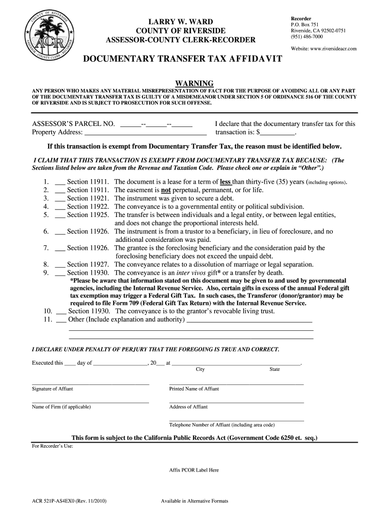  Santa Clara County Transfer Tax Affidavit 2010