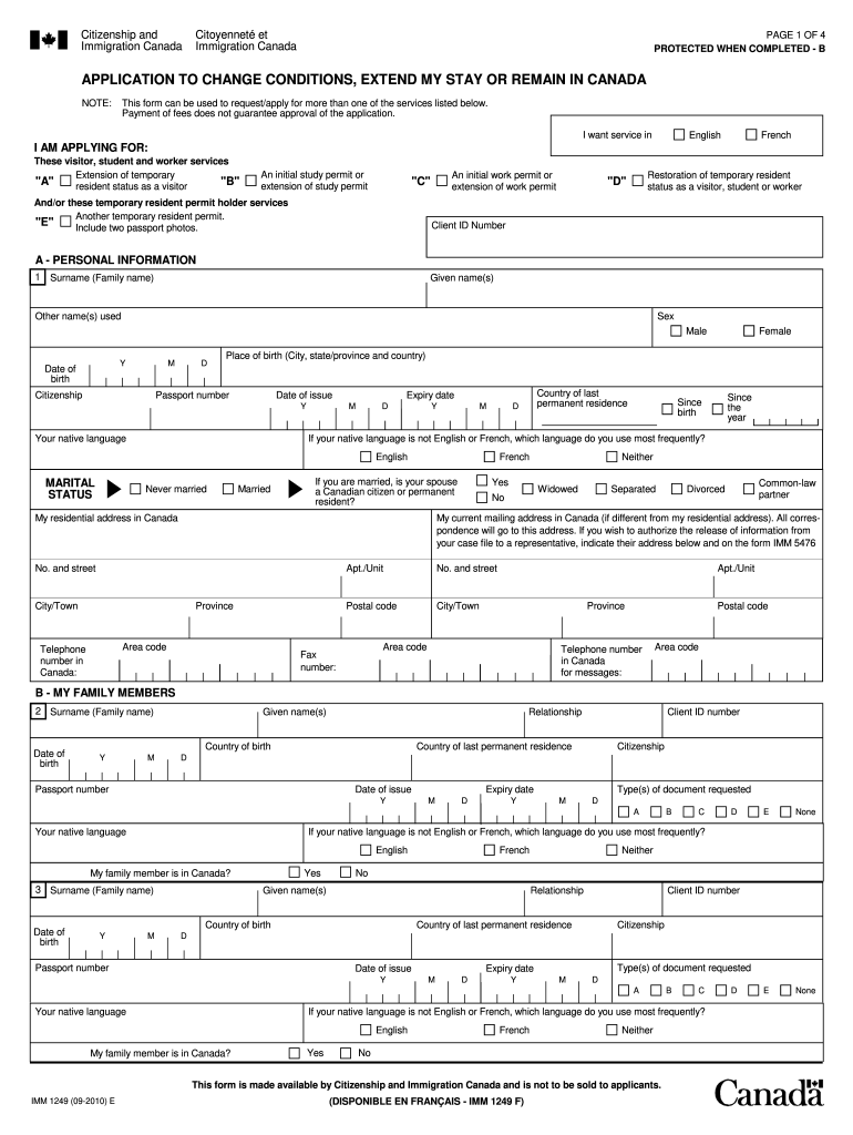  Application Change Conditions Extend My or Remain in Canada  Form 2010