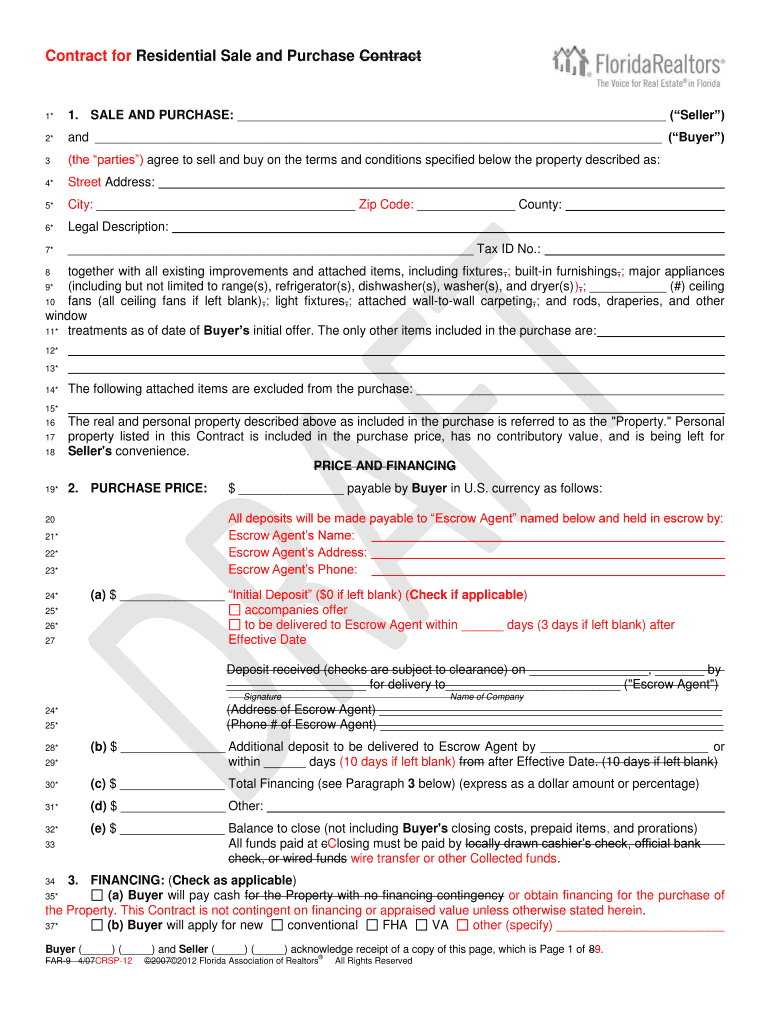 Florida Residential Purchase Agreement Fillable Online  Form