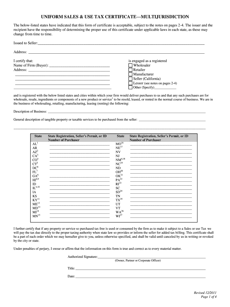  Fillabe Multi Jurisdictional Resale Certificate Form 2011