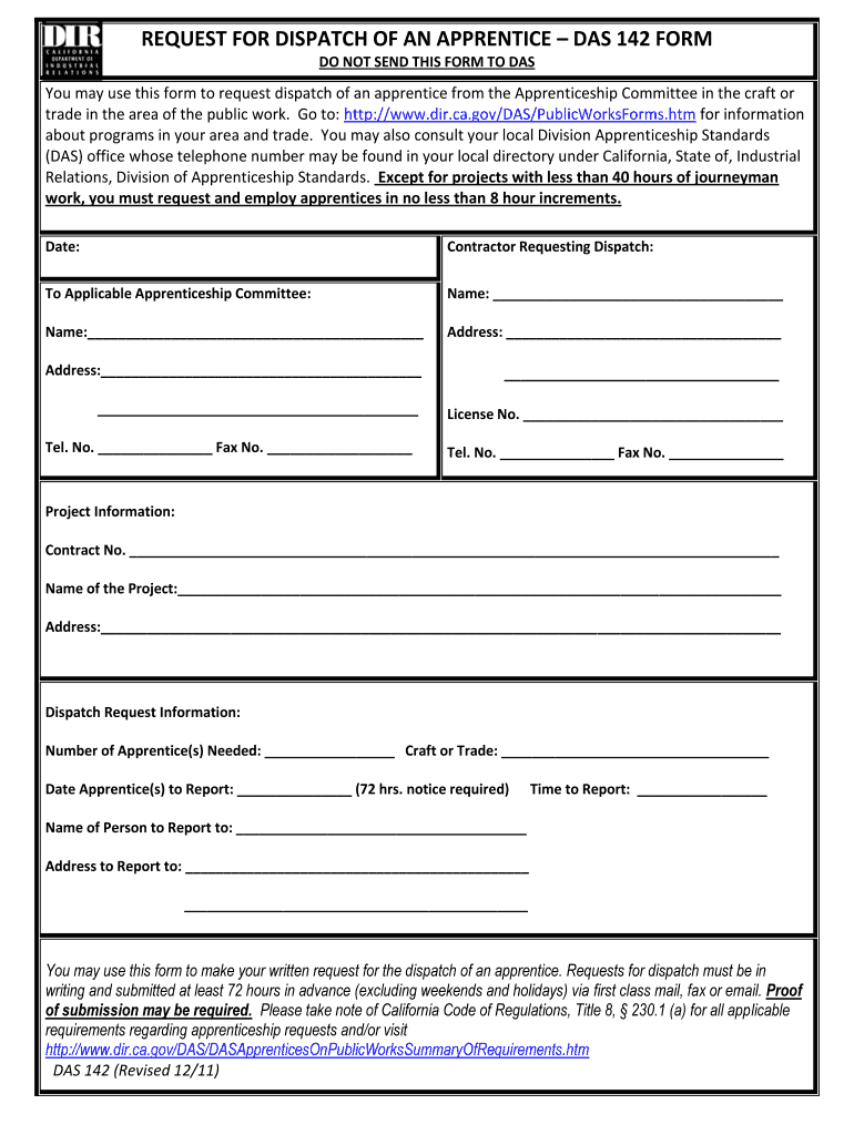  Request for Dispatch of an Apprentice DAS 142 California 2018-2024