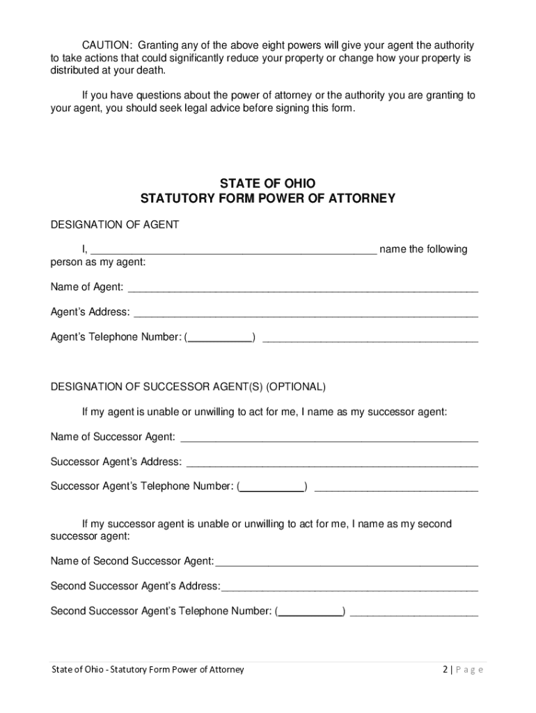 State of Ohio Statutory Form Power of Attorney