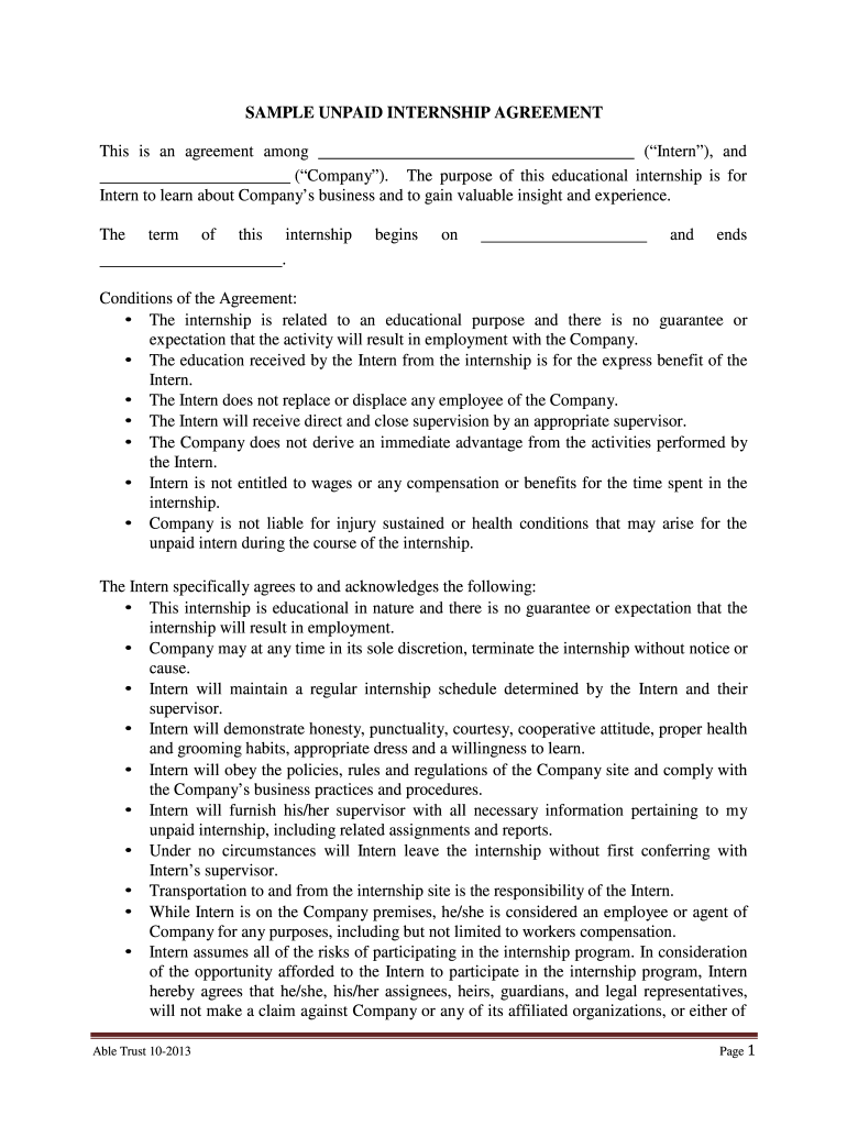  Unpaid Internship Agreement Form 2013-2023