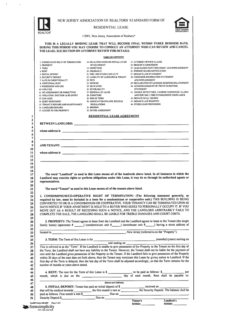New Jersey Association of Realtors Standard Form of Commercial Lease
