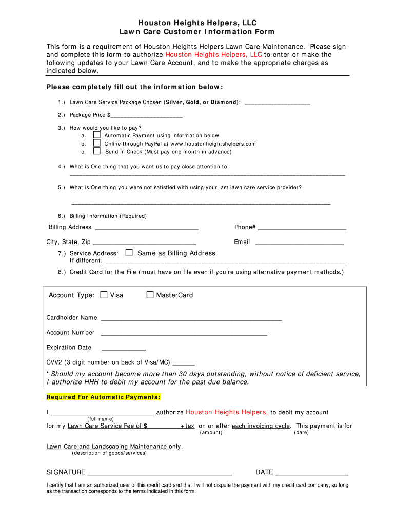 Lawn Care Customer Information Sheet