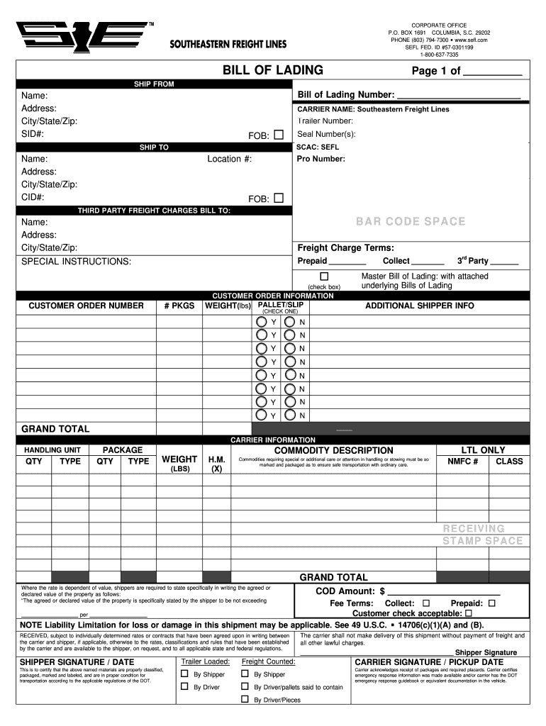 Southeastern Freight Bill of Lading  Form