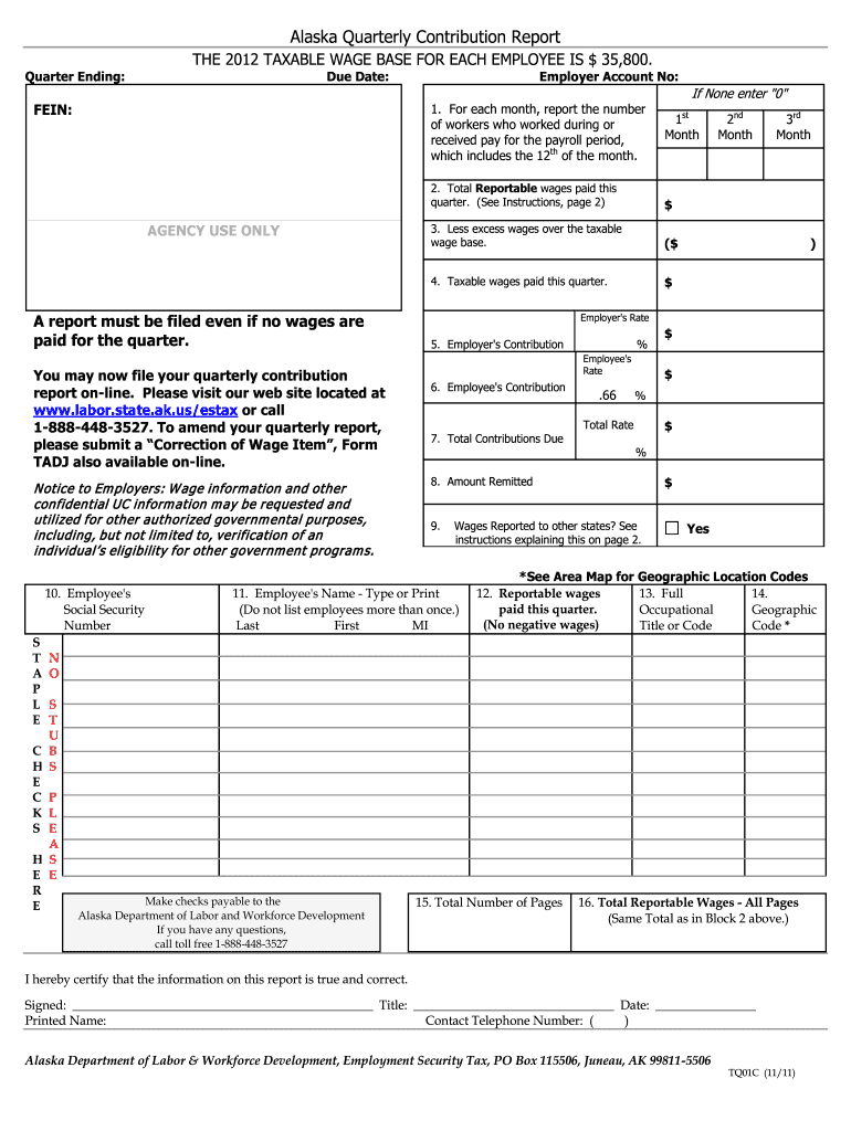  Alaska Department of Labor Quarterly Report Forms 2011