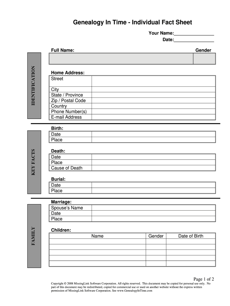 Genealogy Forms Individual Worksheet