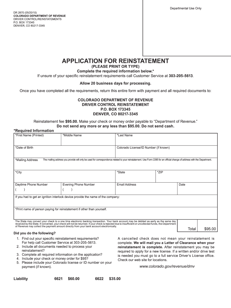 Dr 2870 Application for Reinstatement  Form