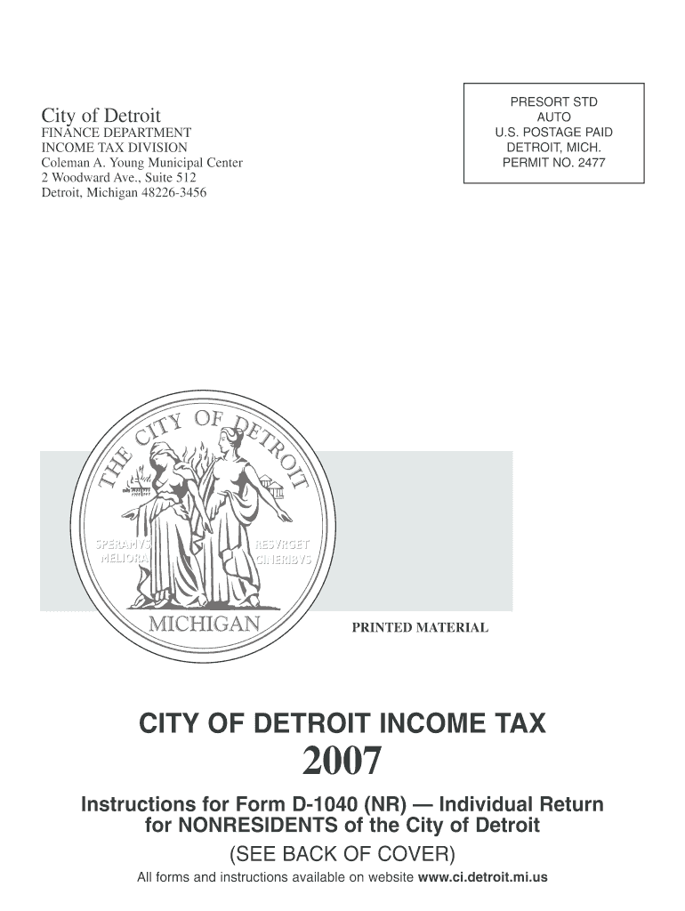 Get and Sign City of Detroit Income Tax Form D 1040 Nr 2010-2022