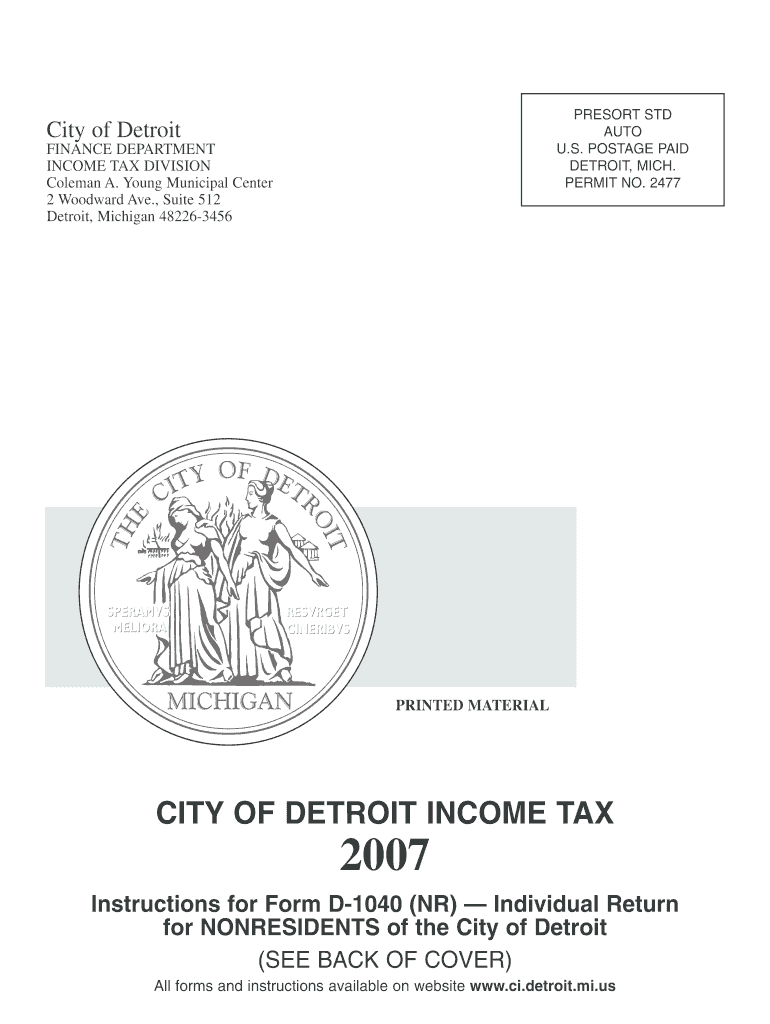  City of Detroit Income Tax Form D 1040 Nr 2010